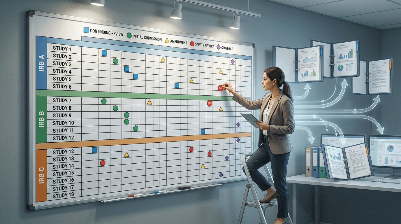 Conceptual illustration of a regulatory coordinator constructing a comprehensive regulatory calendar on a wall-mounted board, with color-coded submission deadline markers spanning 18 studies across 3 IRBs, fed by individual study tracking records