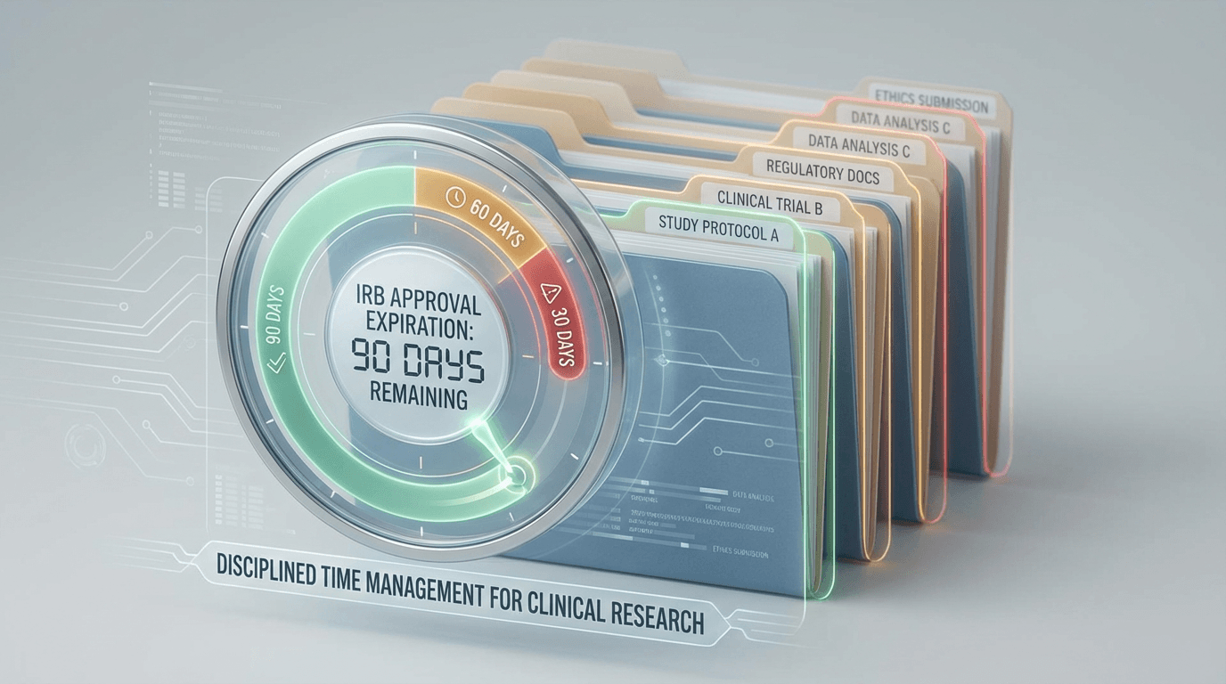 Conceptual illustration of a countdown clock showing 90-day, 60-day, and 30-day zones before IRB approval expiration, with a portfolio of study folders fanned behind it