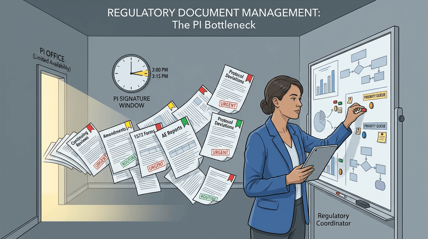 Conceptual illustration of a regulatory coordinator triaging a queue of regulatory documents at a planning board, with a clock showing limited investigator availability and stacked documents representing the portfolio-level signature bottleneck
