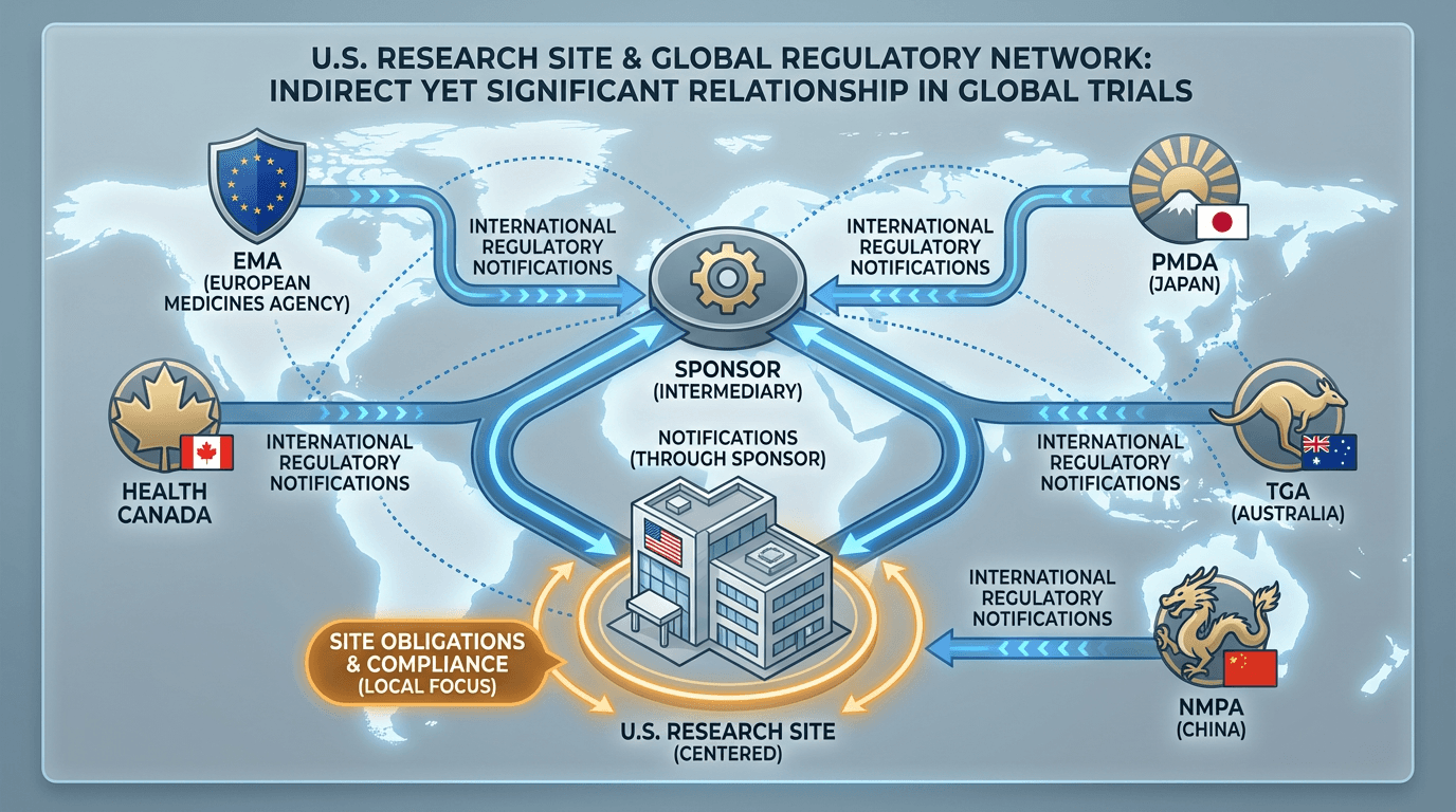Conceptual illustration of a U.S. research site connected through a sponsor intermediary to regulatory authorities in Europe, Japan, Canada, Australia, and China, showing how international regulatory actions flow to the site through the sponsor