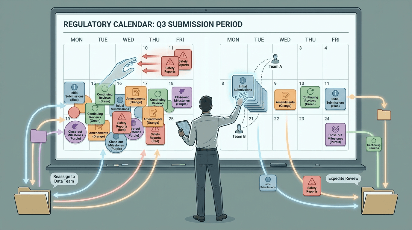Conceptual illustration of a regulatory coordinator resolving deadline conflicts on a saturated calendar, rearranging overlapping submission markers across a two-week period while routing assignments to team members