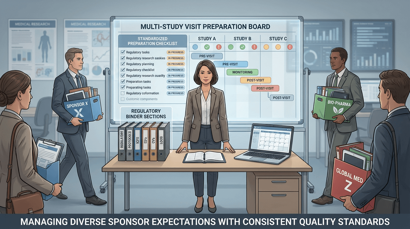 Conceptual illustration of a regulatory coordinator managing simultaneous sponsor-monitor relationships across a multi-study portfolio, showing overlapping visit schedules and distinct sponsor document requirements converging on a standardized preparation system