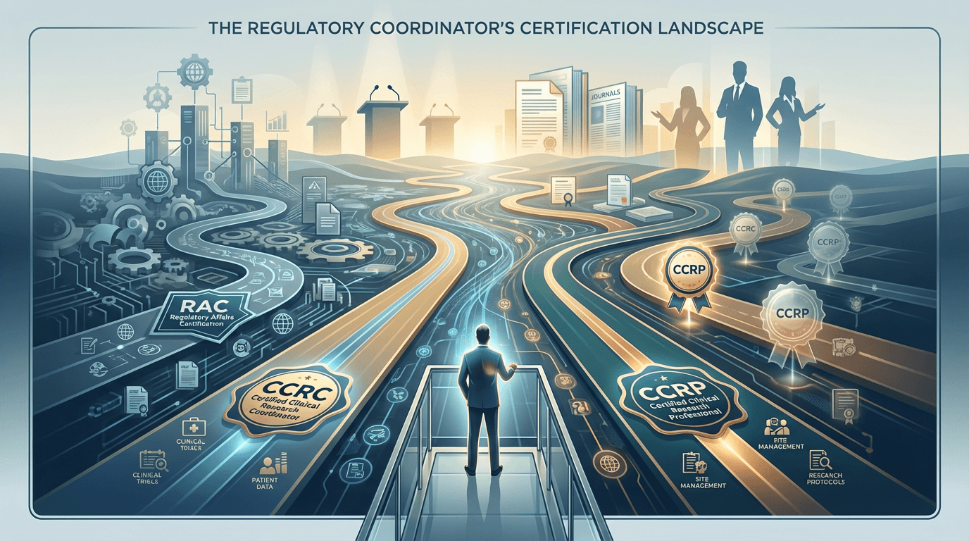 Conceptual illustration of a regulatory coordinator surveying multiple certification pathways of varying relevance, with some credential markers brightly illuminated and others faded, and a horizon suggesting professional development beyond formal certification
