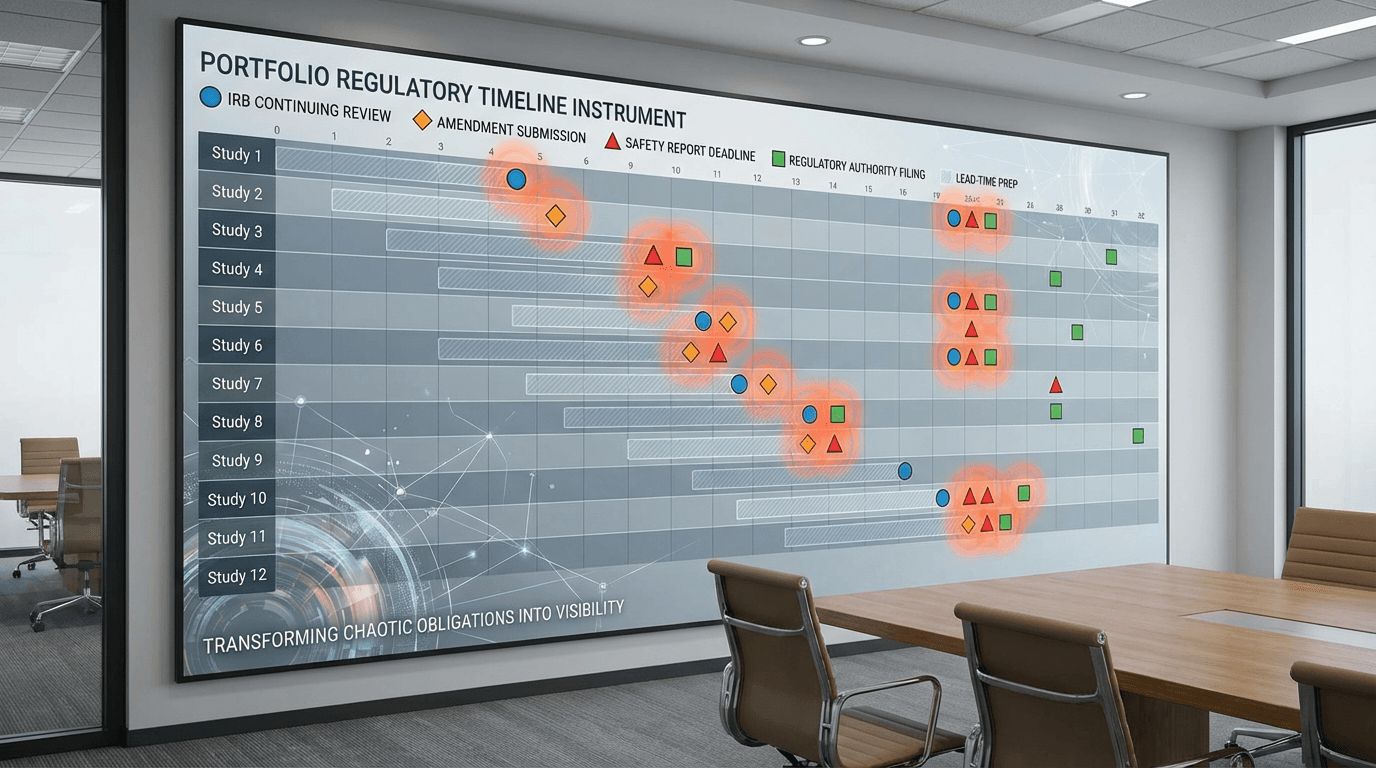 Conceptual illustration of a portfolio-level regulatory timeline showing 12 study lanes with color-coded milestone markers, highlighted deadline cluster zones, and lead-time preparation bars extending backward from hard deadlines