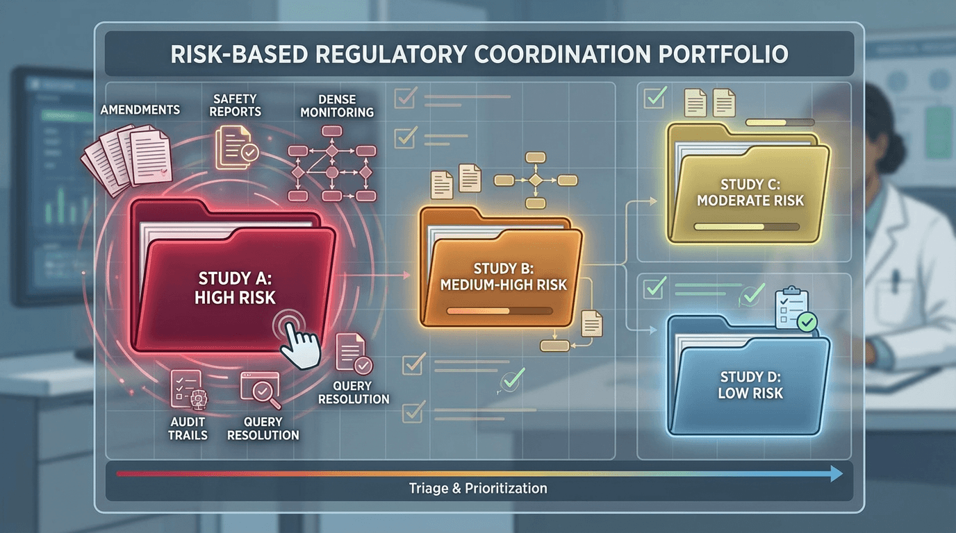 Conceptual illustration of a portfolio dashboard showing four clinical studies color-coded by risk level, with regulatory complexity indicators concentrated around high-risk studies and minimal oversight artifacts around low-risk studies, conveying proportionate attention allocation