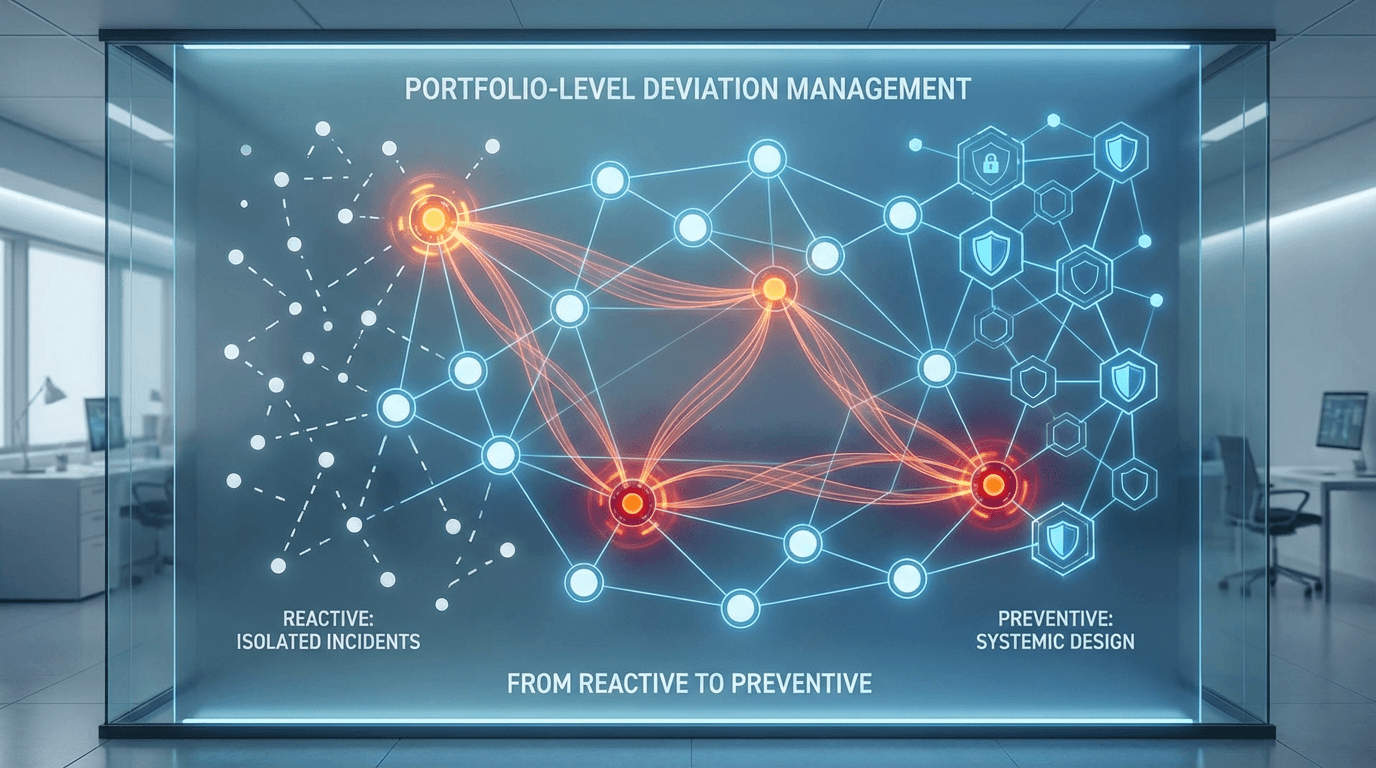 Conceptual illustration of a portfolio network where deviations across multiple studies are connected by translucent threads revealing systemic patterns, transitioning from reactive detection on the left to preventive system design on the right
