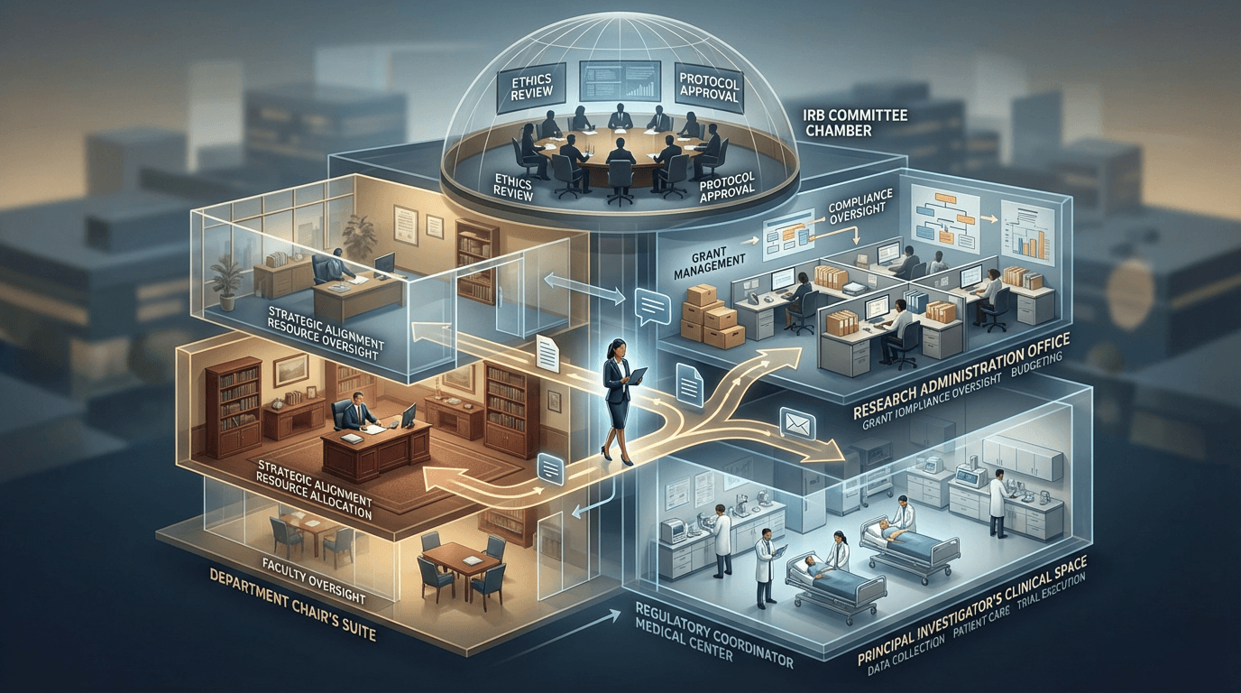 Conceptual illustration of an academic medical center's layered governance structure with the regulatory coordinator navigating between institutional IRB, research administration, department oversight, and investigator autonomy