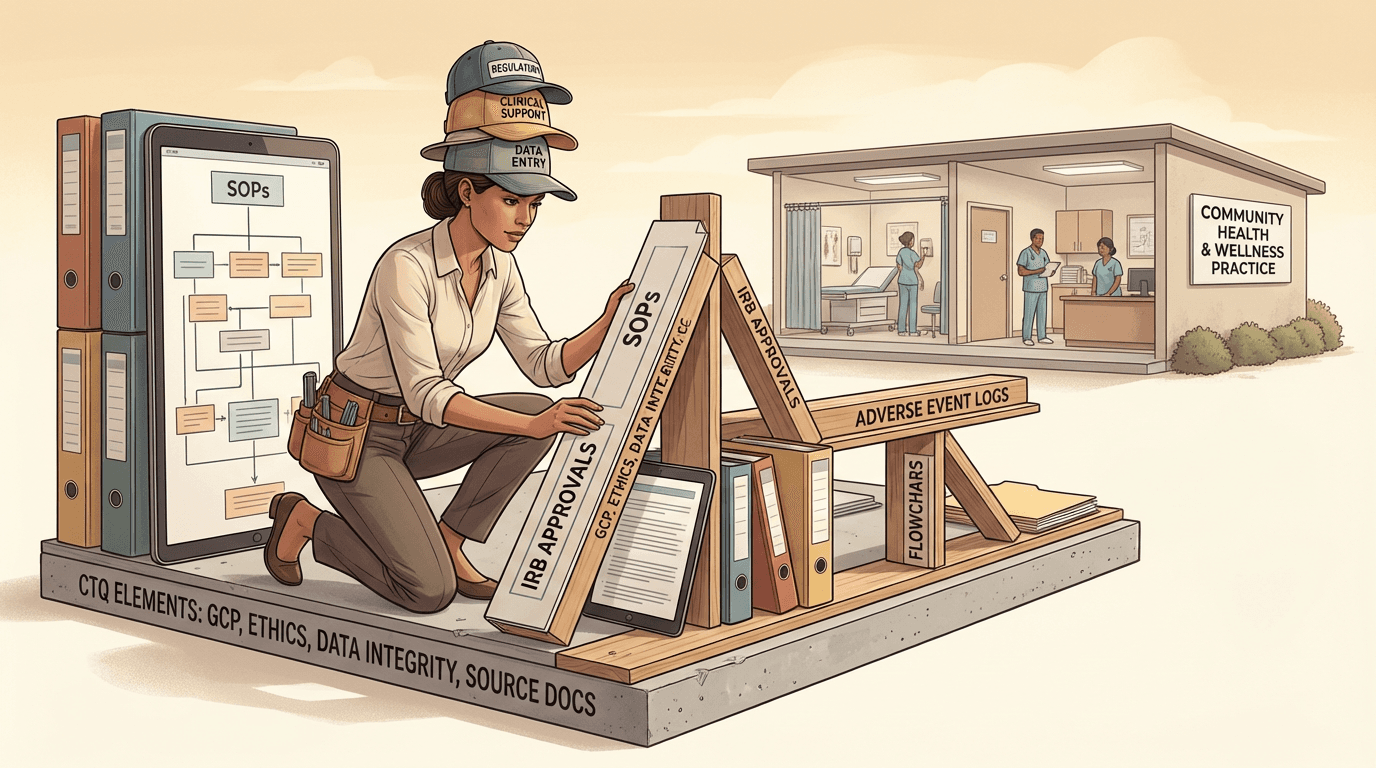 Conceptual illustration of a regulatory coordinator building foundational regulatory infrastructure at a community practice, using regulatory documents as construction materials, with a small clinical setting in the background conveying resource-constrained scale