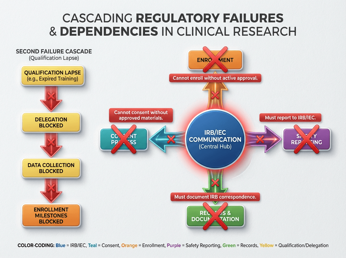 Dependency diagram illustrating how failure in the IRB/IEC communication domain cascades into blocked consent, enrollment, and safety reporting, and how a qualification lapse similarly cascades through delegation and data collection
