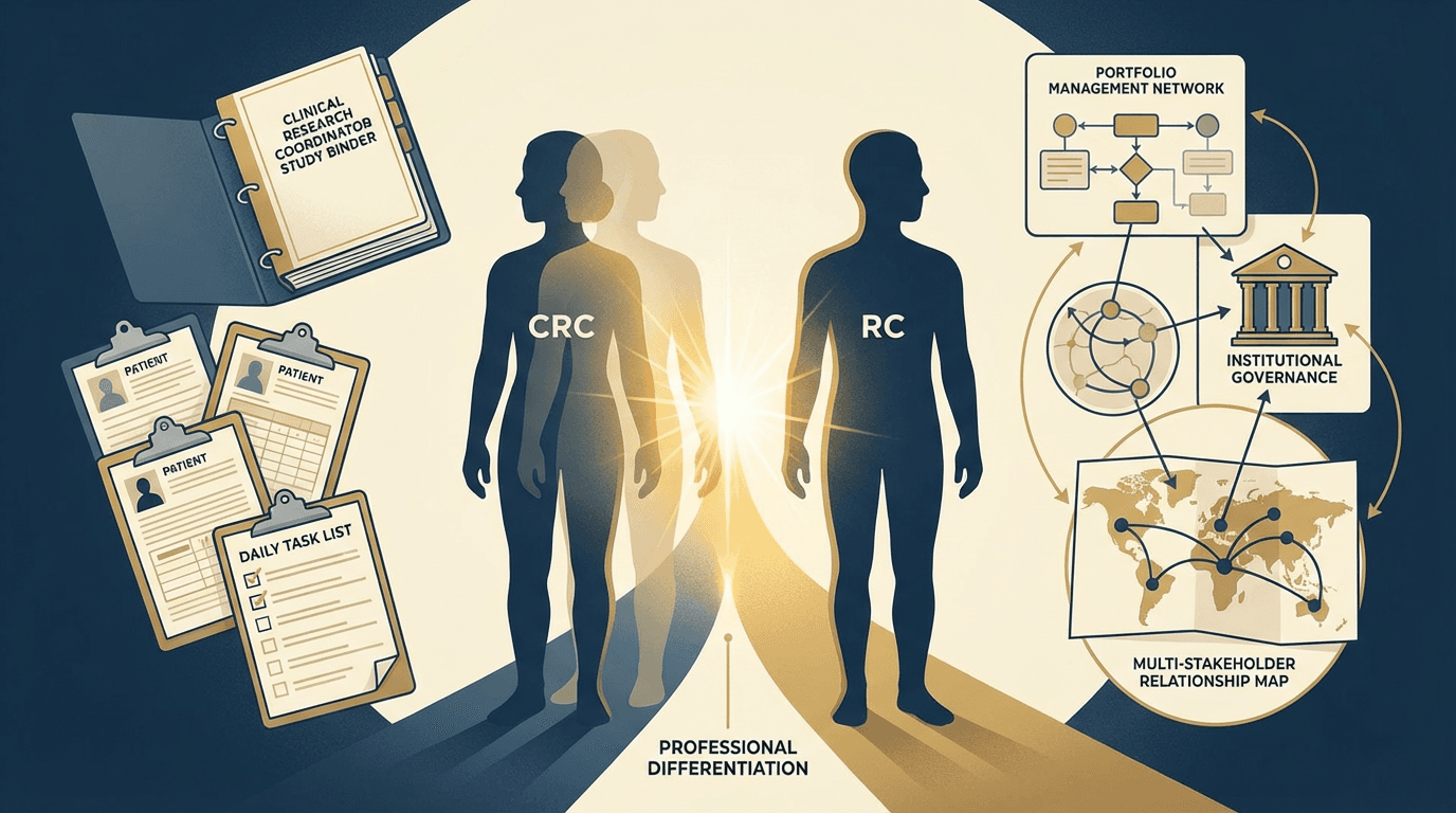 Conceptual illustration of two professional silhouettes diverging from a shared origin, one surrounded by study-level CRC artifacts and the other by portfolio-level RC systems and stakeholder maps, representing the formation of a distinct regulatory coordinator identity