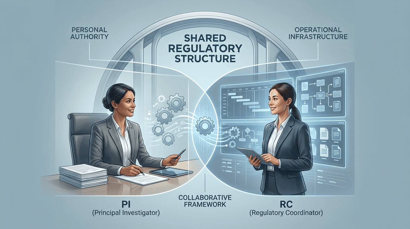 Conceptual illustration showing the PI-RC partnership as two distinct roles supporting a shared regulatory framework, with a clear boundary between the investigator's personal authority and the RC's operational infrastructure