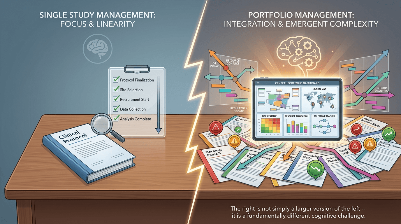 Conceptual illustration contrasting the simplicity of managing a single clinical study with the emergent complexity of managing a 20-study portfolio, showing that portfolio management is a fundamentally different cognitive challenge rather than a scaled-up version of single-study management