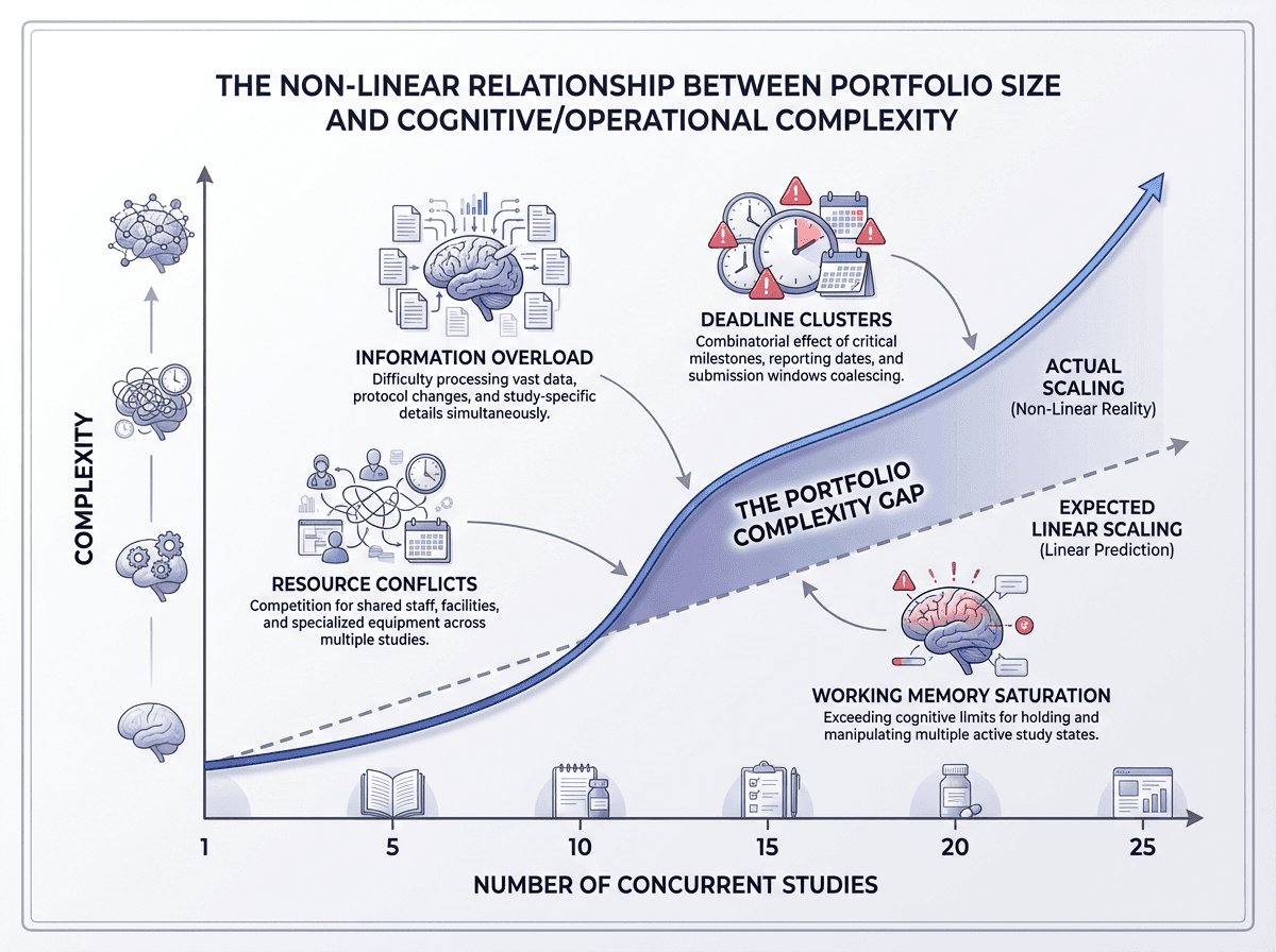 Diagram showing the non-linear relationship between portfolio size and operational complexity, with the gap between expected linear scaling and actual combinatorial scaling labeled as the portfolio complexity gap, annotated with four challenge categories