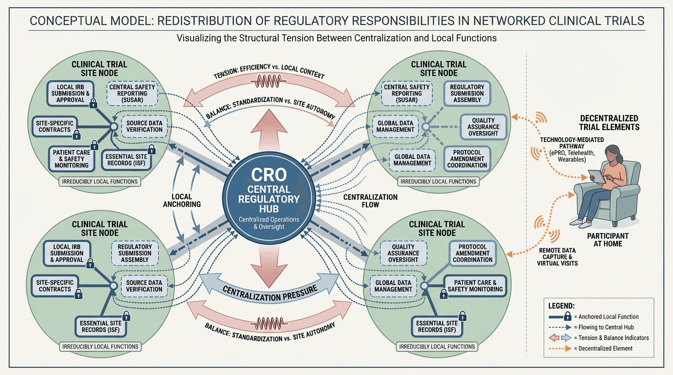 Conceptual illustration of a CRO site network model showing regulatory responsibilities distributed between a central hub and multiple site nodes, with some functions anchored locally and others flowing to the center, plus a decentralized trial element showing a participant connected remotely