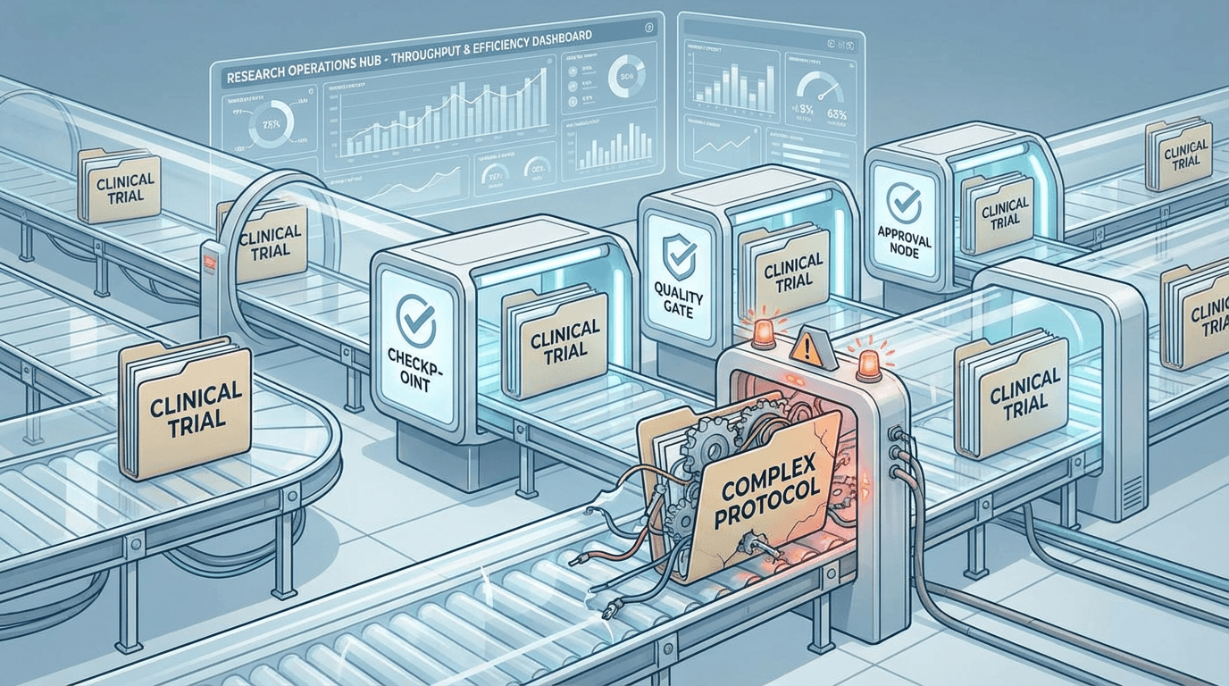Conceptual illustration of a dedicated research organization processing multiple clinical trials through standardized pipelines, with one complex study misaligned at a quality checkpoint, representing the tension between throughput and protocol-specific compliance