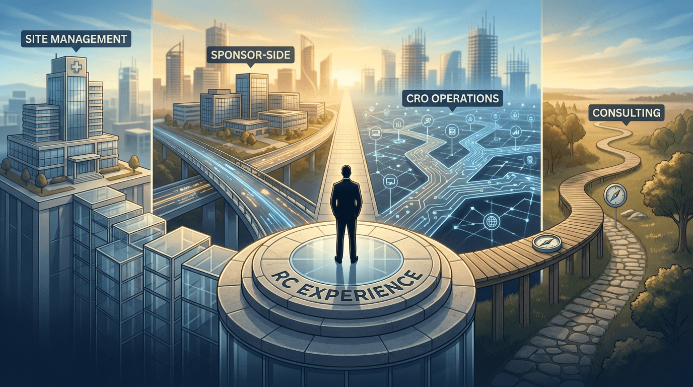 Conceptual illustration of a regulatory coordinator standing on an elevated platform representing systems-level experience, with four distinct career pathways extending outward toward site management, sponsor-side regulatory affairs, CRO operations, and independent consulting, with emerging structures on the horizon representing new career paths