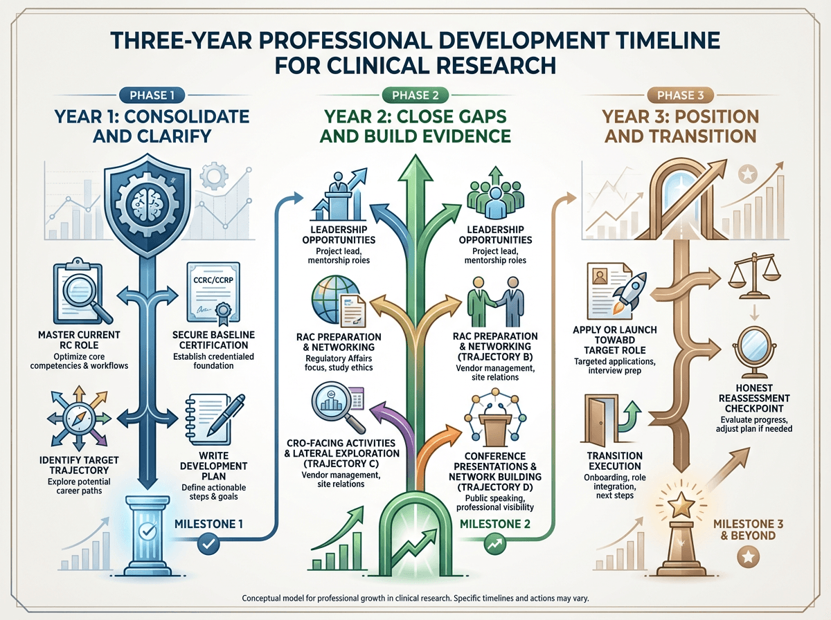 Three-year professional development timeline infographic showing Year 1 (consolidate and clarify with certification and trajectory identification), Year 2 (close competency gaps with trajectory-specific actions), and Year 3 (position and transition with reassessment checkpoint)