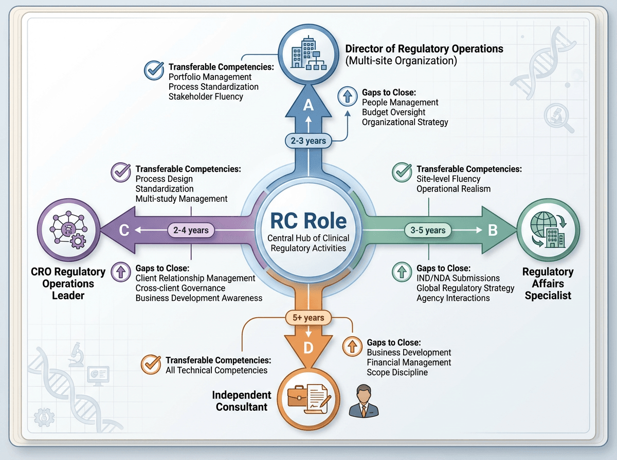 Career trajectory diagram showing the RC role at center with four paths: Director of Regulatory Operations (upward), Regulatory Affairs Specialist (right), CRO Operations Leader (left), and Independent Consultant (independent), each annotated with transferable competencies, gaps to close, and estimated transition timelines