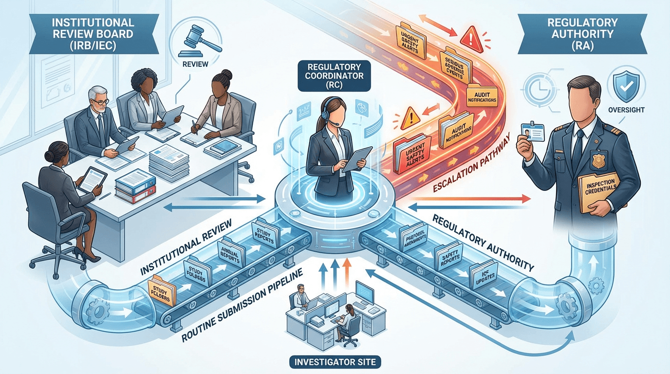 Conceptual illustration of a regulatory coordinator serving as the communication nexus between an investigator site and two external oversight bodies -- the IRB/IEC and regulatory authorities -- with distinct pathways for routine and high-stakes communications