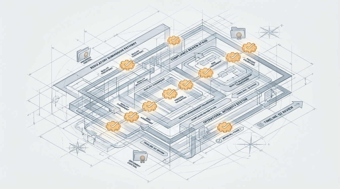 Conceptual illustration of a regulatory operations blueprint with quality checkpoints built into the system architecture, conveying that quality management is a structural design discipline rather than a post-hoc inspection activity