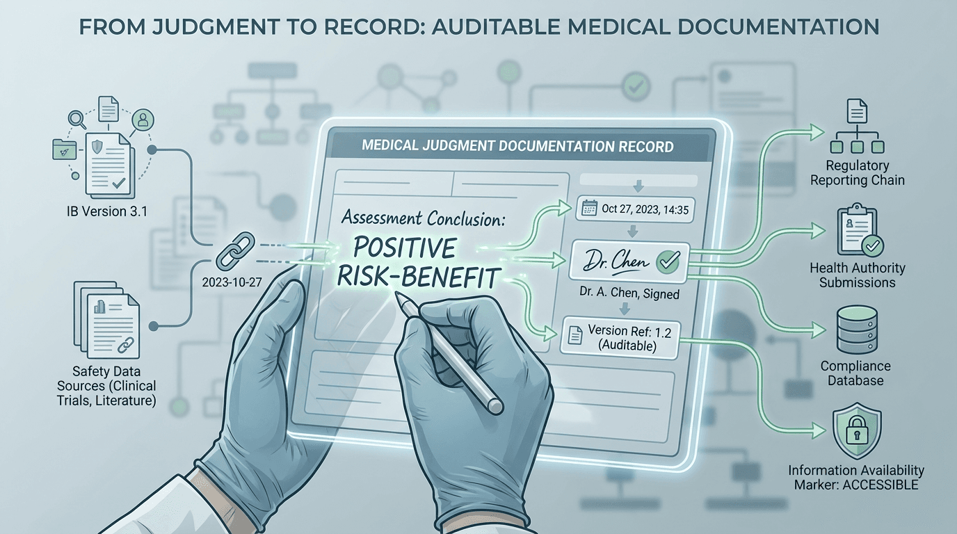 Conceptual illustration showing an investigator's medical judgment being captured on a structured assessment form with traceable elements including date stamps, signatures, IB version references, and links to downstream regulatory reports
