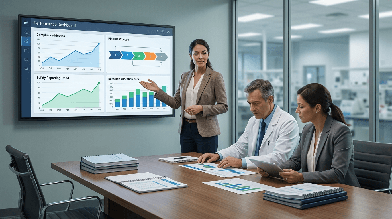 Conceptual illustration of a regulatory coordinator presenting safety reporting performance data and compliance metrics to site leadership at a conference table, demonstrating evidence-based advocacy for the safety reporting function