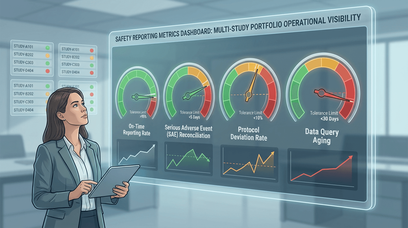 Conceptual illustration of a safety reporting metrics dashboard with four KPI indicators showing performance against quality tolerance limits, with a regulatory coordinator monitoring the gauges to identify metrics approaching threshold boundaries