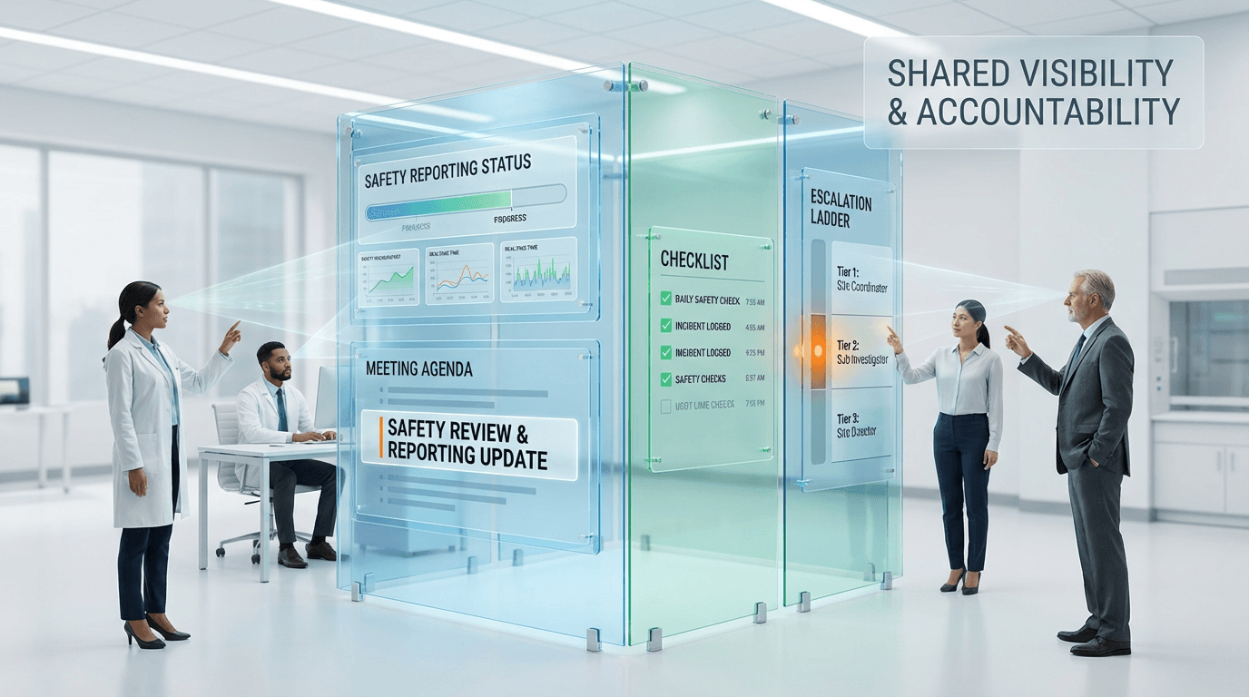 Conceptual illustration of safety reporting infrastructure creating shared visibility across a research site, with transparent dashboard panels, meeting agendas, checklists, and escalation tiers visible to coordinators, investigators, and site leadership simultaneously
