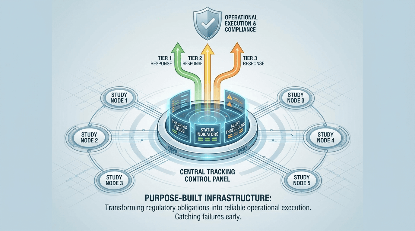Conceptual illustration of safety reporting infrastructure showing a central tracking system with status indicators, alert thresholds, and three-tier escalation pathways connecting multiple study nodes