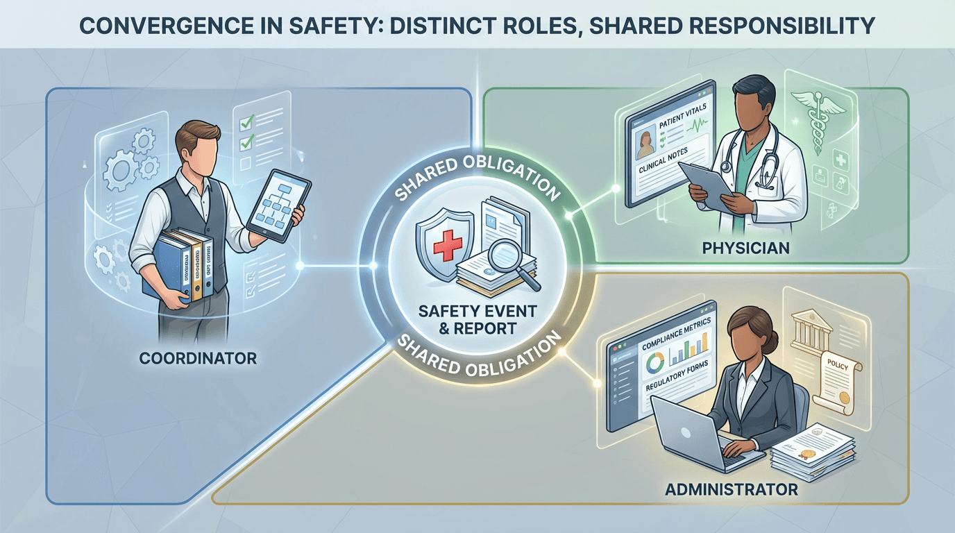 Conceptual illustration of three distinct safety reporting roles -- CRC documentation, investigator medical assessment, and RC regulatory coordination -- converging at a single safety event with clear boundary lines separating their domains