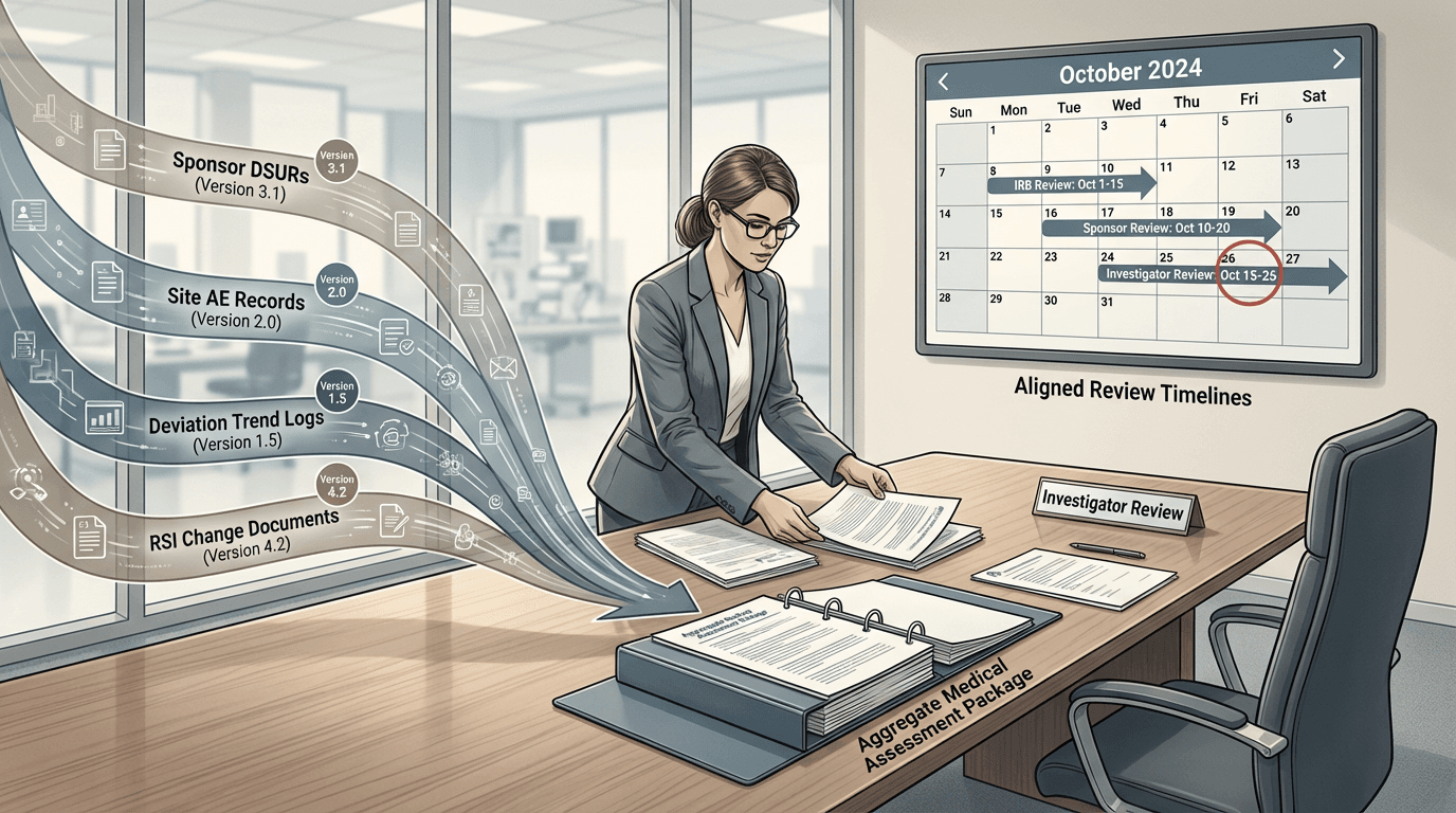 Conceptual illustration showing cumulative safety data from sponsor DSURs, site adverse event records, deviation trends, and RSI changes being assembled by a coordinator into an organized review package, with a calendar in the background showing aligned IRB, sponsor, and investigator review dates