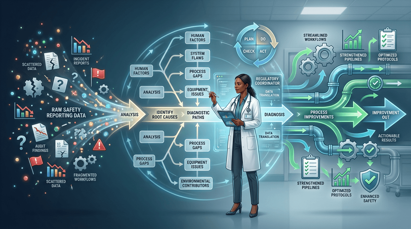 Conceptual illustration of safety reporting performance data flowing into a structured root cause analysis framework at the center, with targeted process improvements emerging on the right side, showing the analytical discipline of turning data into actionable change