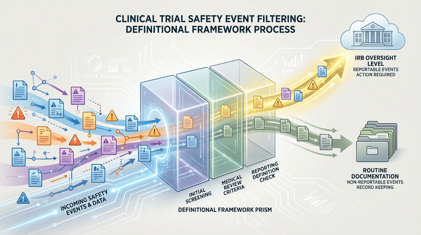 Conceptual illustration showing safety events flowing through a three-part definitional filter, with reportable events emerging and directed toward IRB oversight while non-reportable events continue as routine documentation