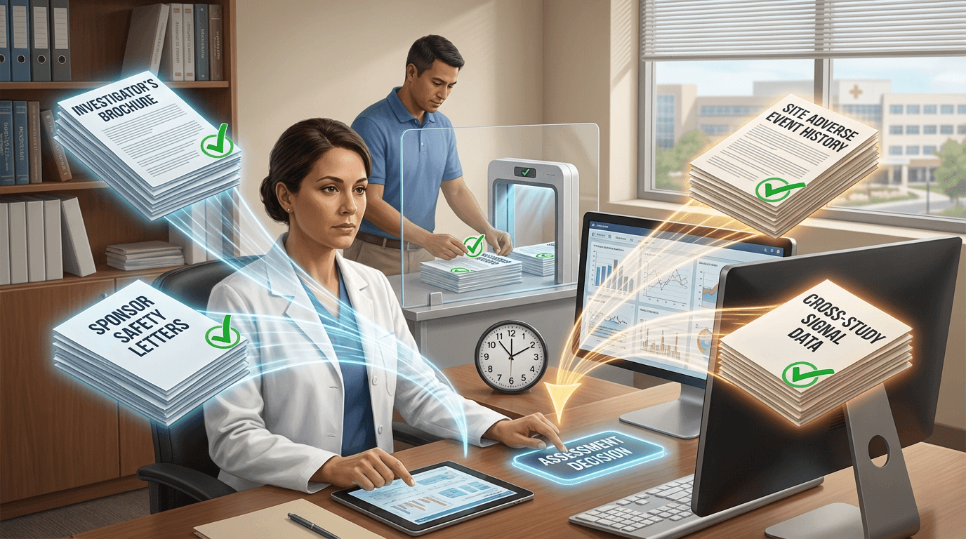 Conceptual illustration showing four streams of safety data -- Investigator's Brochure, sponsor communications, site AE history, and cross-study signals -- being assembled by a coordinator and delivered to an investigator preparing to make a safety assessment