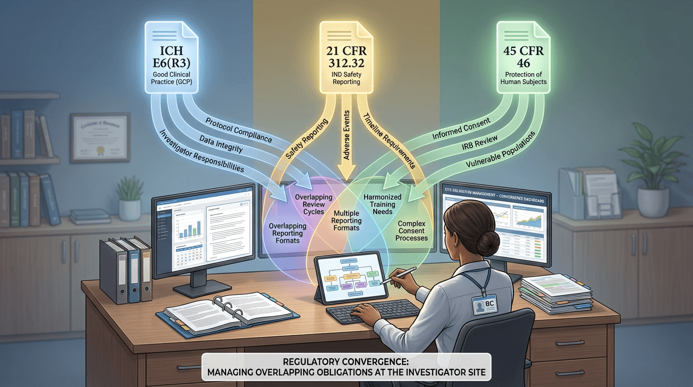 Conceptual illustration of three regulatory frameworks (ICH E6(R3), 21 CFR 312.32, 45 CFR 46) converging on a single investigator site, with overlapping obligation zones meeting at the regulatory coordinator's desk