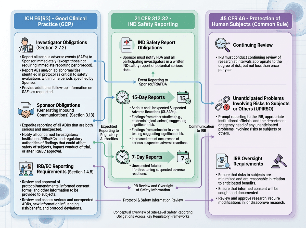 Three-panel infographic showing ICH E6(R3), 21 CFR 312.32, and 45 CFR 46 with their respective site-level safety reporting obligations listed under each framework, with connecting lines showing where different frameworks create overlapping obligations for the same events