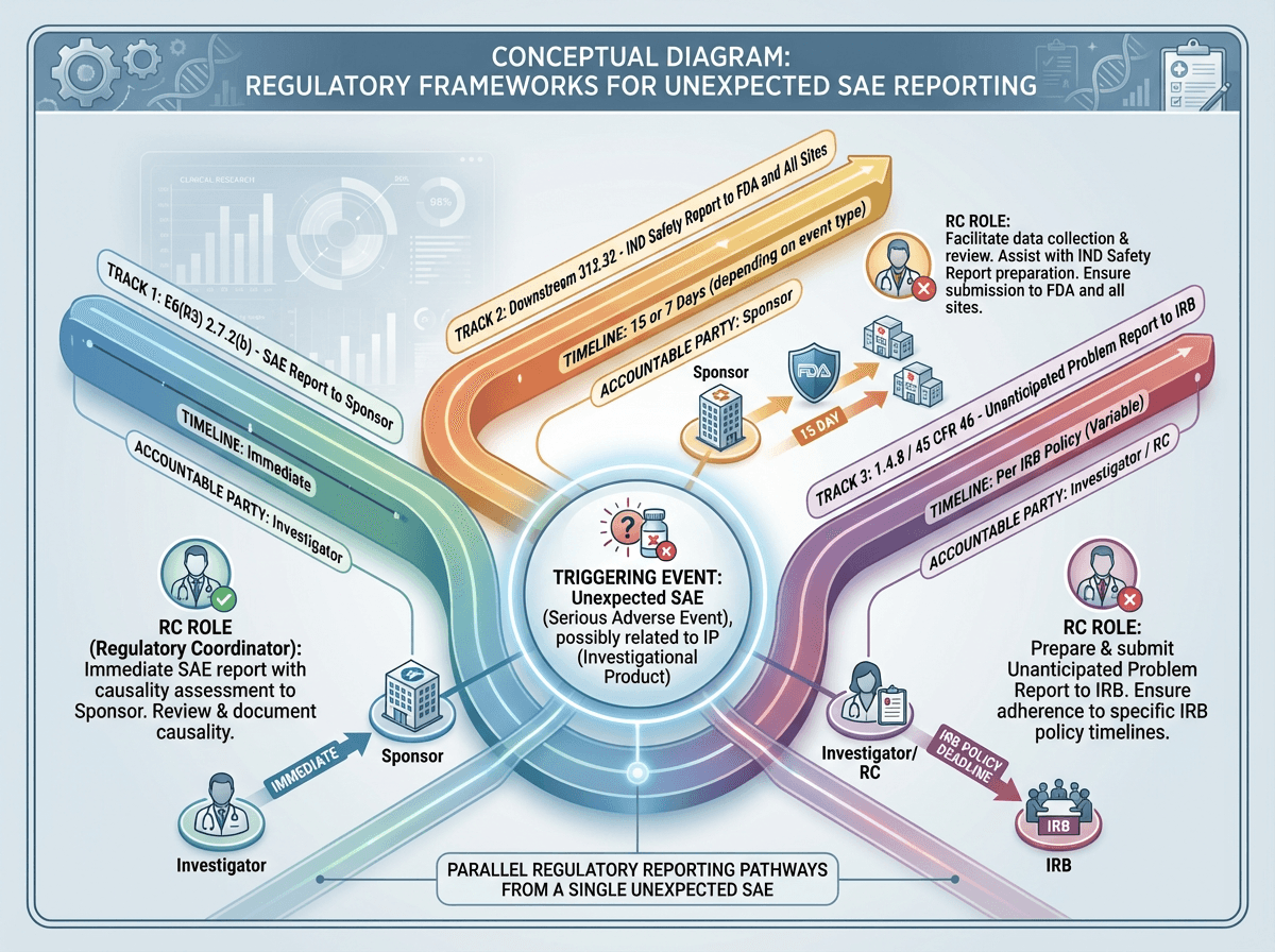 Diagram showing a single safety event triggering three parallel regulatory tracks: SAE report to sponsor per E6(R3), IND Safety Report generation per 312.32, and unanticipated problem report to IRB per 45 CFR 46, each with distinct timelines and RC roles