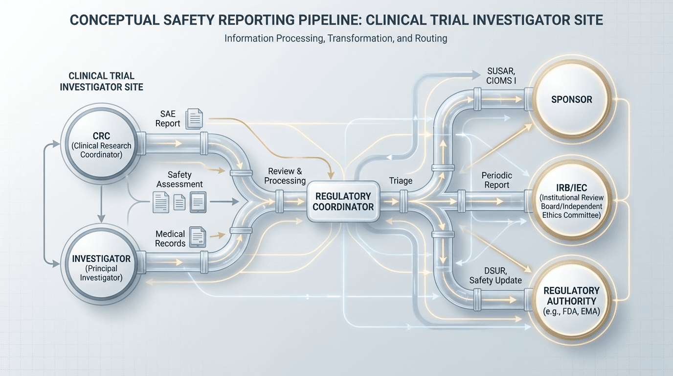 Conceptual illustration of the safety reporting pipeline showing six stakeholders connected by directional flows of safety information from initial documentation to regulatory destinations