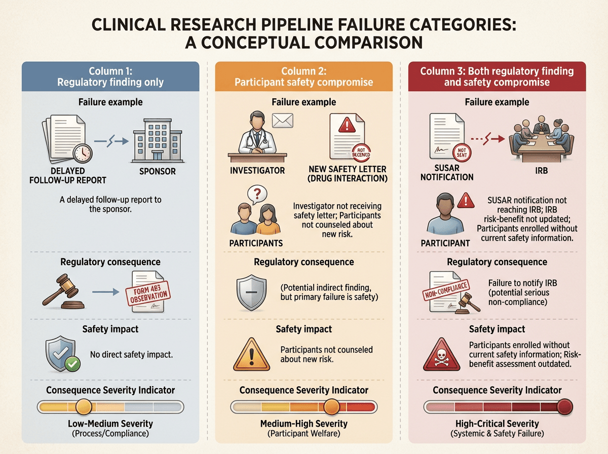 Three-column infographic comparing pipeline failure types: regulatory finding only, participant safety compromise, and failures that cause both regulatory findings and safety compromise, with specific examples and consequences in each category