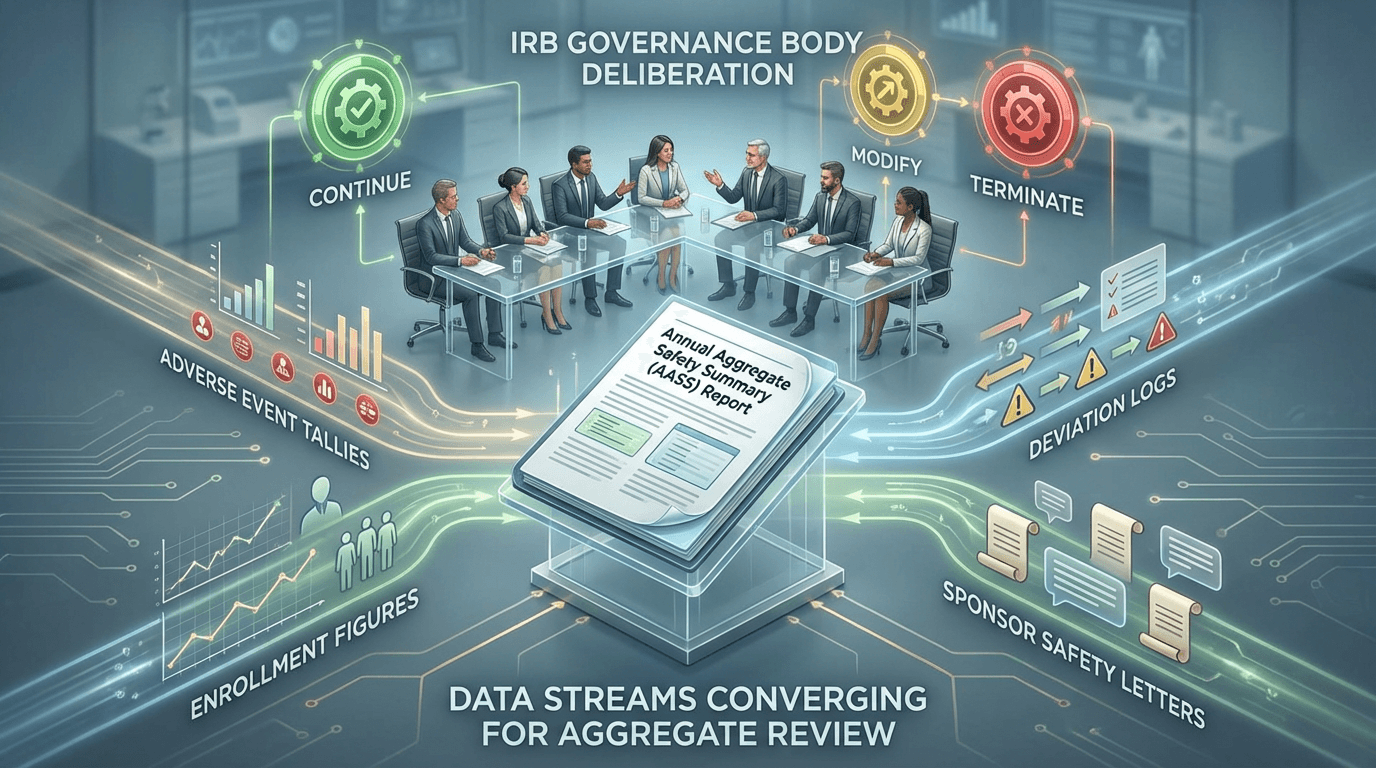 Conceptual illustration showing multiple streams of safety data -- adverse events, enrollment figures, deviation trends, and sponsor communications -- converging into an annual safety summary document that an IRB governance body uses to decide whether to continue, modify, or terminate a clinical trial