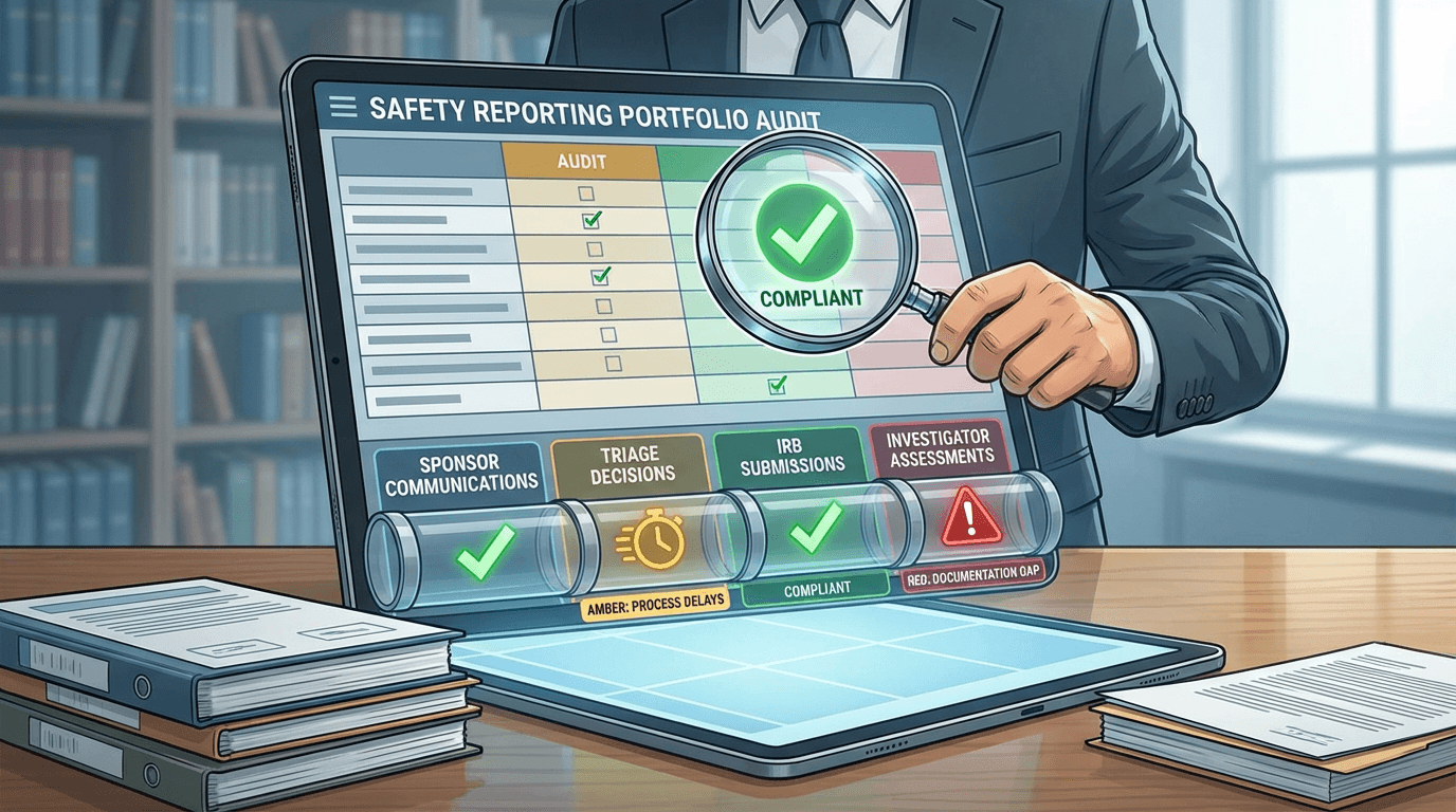Conceptual illustration of a regulatory coordinator systematically auditing safety reporting processes across a multi-study portfolio, with pipeline segments displayed as auditable columns showing green compliance checkmarks alongside amber and red gap indicators
