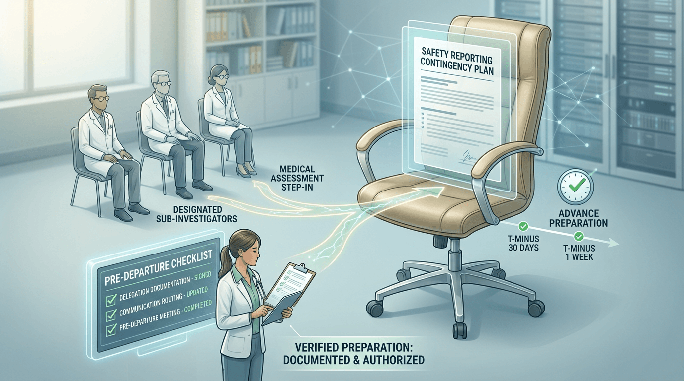 Conceptual illustration of a PI coverage contingency system showing an empty investigator chair connected by documented pathways to designated sub-investigators, with a coordinator verifying delegation documentation and pre-departure checklists in advance of the absence