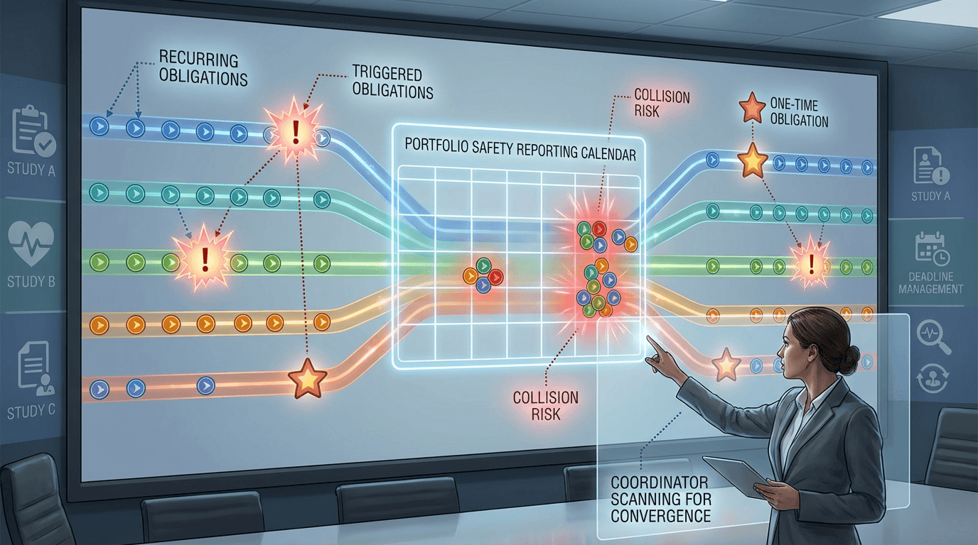 Conceptual illustration of multiple clinical study timelines running in parallel, each carrying recurring, triggered, and one-time safety reporting deadlines, converging into a single portfolio-level calendar with highlighted collision zones where multiple obligations cluster in the same period