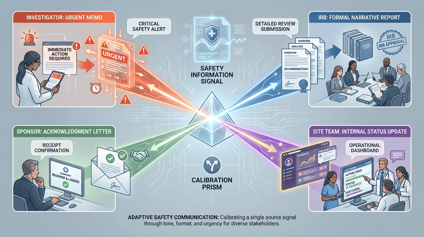 Conceptual illustration of a single safety information source refracting through a prism into four audience-specific communication channels -- investigator notification, IRB report, sponsor acknowledgment, and internal status update -- each calibrated to different urgency levels and formats