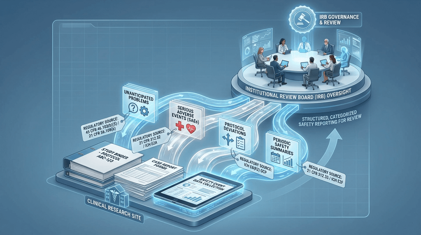 Conceptual illustration showing four categorized streams of safety information flowing from a clinical trial site upward to an Institutional Review Board, with each stream representing a distinct reporting category: unanticipated problems, serious adverse events, protocol deviations, and periodic safety summaries