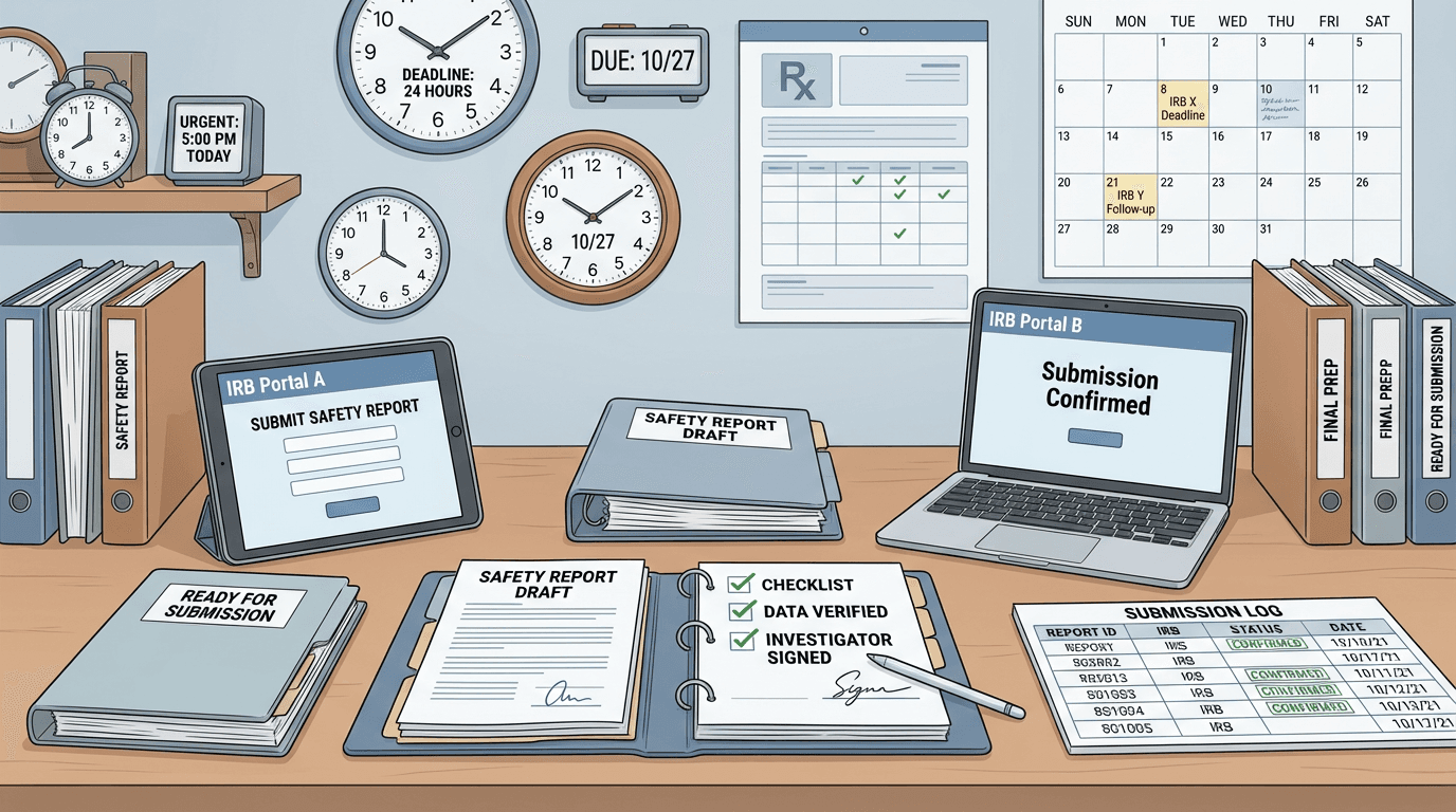 Conceptual illustration of a regulatory coordinator preparing and submitting multiple IRB safety reports with different deadline clocks, quality checklists, and a submission tracking log showing receipt confirmations