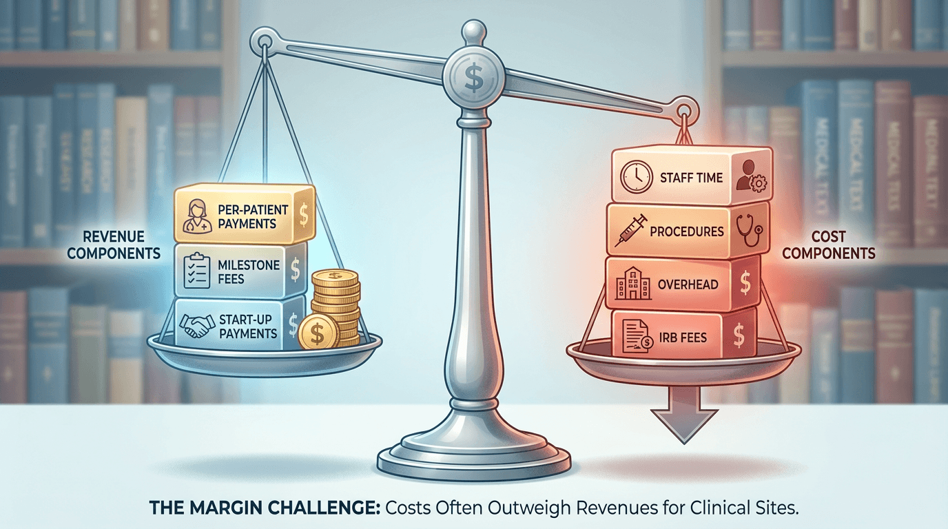 A balance scale comparing clinical trial revenue components against site cost components, tipping slightly toward costs