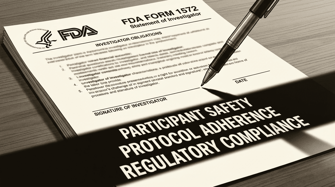 FDA Form 1572 casting a shadow of investigator commitments, with a pen poised above the signature line