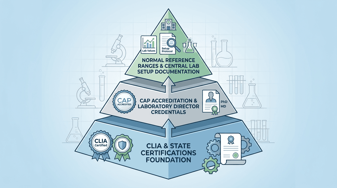 A three-tier hierarchy of laboratory documentation from foundational certifications through accreditation to reference ranges
