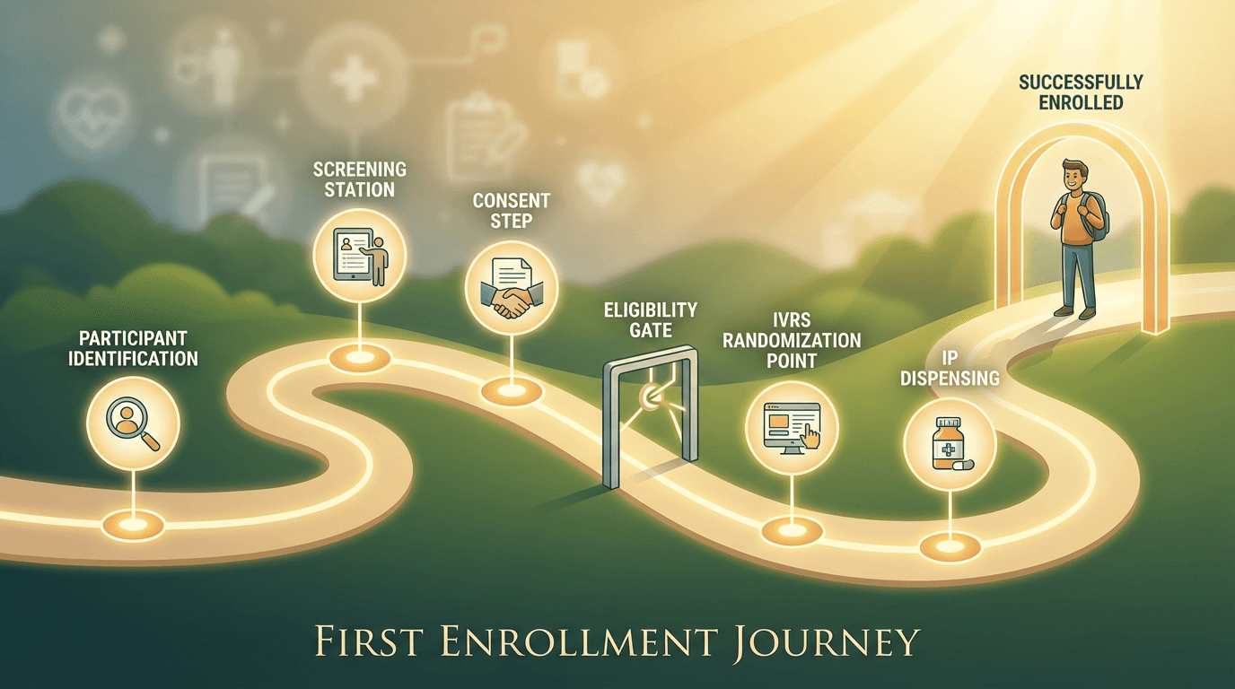 The complete first enrollment journey from participant identification through randomization, depicted as a milestone path in morning light